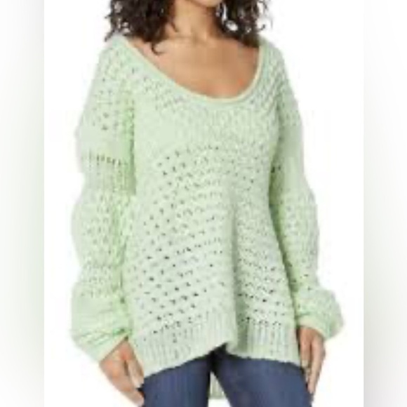 Free People Open Knit Sweater XS Mint Green Slouchy Boho Pullover - Picture 8 of 8